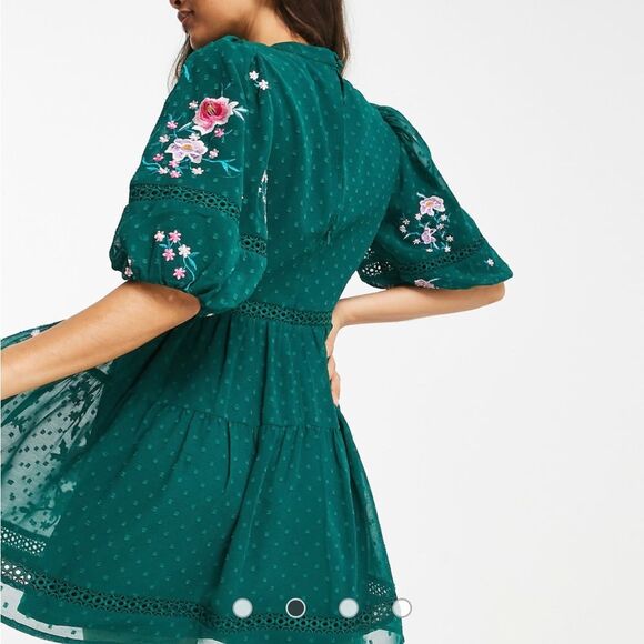 ASOS Design Petite High Neck Textured Embroidered Mini Dress w/ Lace Trims Green - Picture 3 of 11